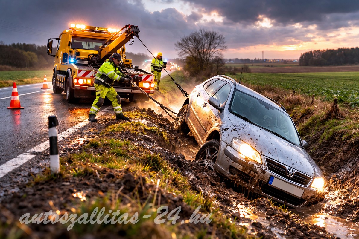 Árokba csúszott autó mentése